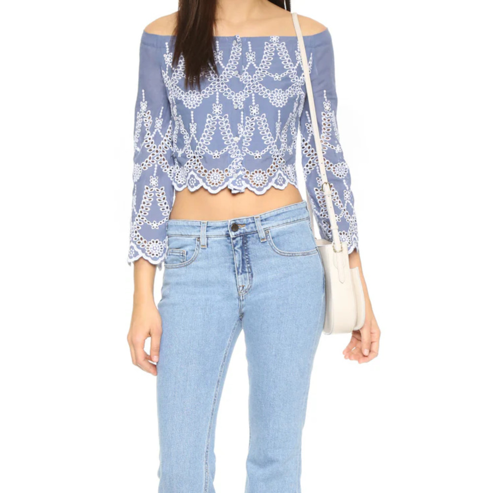 Kendall Kylie Eyelet Off the Shoulder Blouse Blue White Size Medium Summer